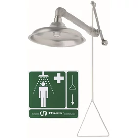 Fali sürgősségi vészzuhany egység AXION öblítőfejjel, húzókaros működtetéssel, rozsdamentes acél tállal