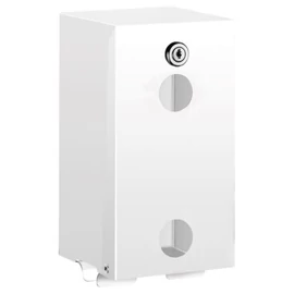 DELABIE vandálbiztos kistekercses WC-papír adagoló, szögletes, 1 mm vastag r.m. acél, fehér, 2 tekercses, szintjelzővel, kulccsal zárható, szemből nyitható