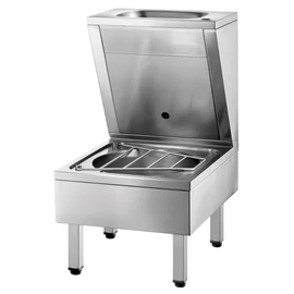 Kézmosó kiöntő ráccsal, leeresztő szelepekkel, álló, állítható lábakkal, jobb oldali 35mm csapfurattal, r.m. acél, selyem