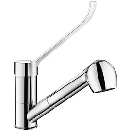 DELABIE kézi keverőkaros mosogató csaptelep hosszú karral, lengő kifolyóval, kihúzható fejjel, álló, 7 liter/perc