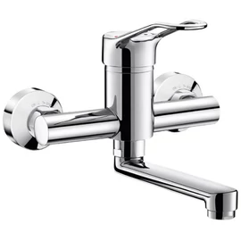 DELABIE SECURITOUCH szigetelésű fali mosogató csaptelep 150 mm-es lengő kifolyóval, ergonómikus karral, hideg-meleg vízre, BIOFIL szűrőfej csatlakoztatási lehetőséggel, takarótárcsába integrált STOP-PURGE elzárószeleppel