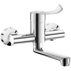 DELABIE SECURITOUCH szigetelésű orvosi karos fali mosogató csaptelep 150 mm-es lengő kifolyóval, hideg-meleg vízre, BIOFIL szűrőfej csatlakoztatási lehetőséggel, takarótárcsába integrált STOP-PURGE elzárószelepek