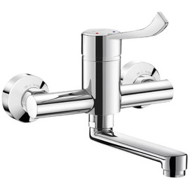 DELABIE SECURITOUCH szigetelésű orvosi karos fali mosogató csaptelep 150 mm-es lengő kifolyóval, hideg-meleg vízre, BIOFIL szűrőfej csatlakoztatási lehetőséggel, takarótárcsába integrált STOP-PURGE elzárószelepek