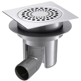 DELABIE padlóösszefolyó zuhanyzókhoz, 150x150 mm vandálbiztosan rögzíthető rozsdamentes acél rács, állítható magasság, 50 mm-es vízszintes vízelvezetés, könnyen tisztítható, magas hőállóságú PVC test