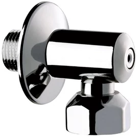 DELABIE falon kívüli könyökcsatlakozó integrált elzárószelep takarótárcsával, M1/2" - F1/2" csatlakozásokkal, sárgaréz, krómozott fényes