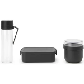 Brabantia Make & Take Breakfast and Lunch Set 3db-os szett, vizes palack + reggeliző tál + közepes méretű ételhordozó doboz, BPA mentes műanyag, sötétszürke - 206740