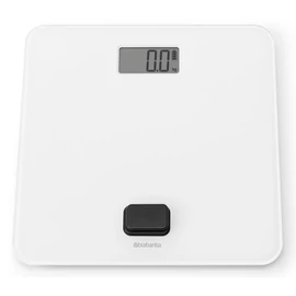 Brabantia ReNew elemmentes fürdőszobai mérleg, 5-150kg között, 0,1kg pontossággal mér, nagy LED kijelzővel, dimanóval tölthető, műanyag test, üveg fedlap, fehér - 281365