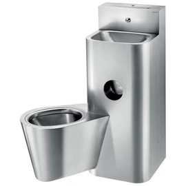 DELABIE kompakt fali börtön szaniter - blokkolásgátlós csappal szerelt vandálbiztos kézmosó, direkt öblítésű balos függő WC-vel, r.m. acél, 2 mm