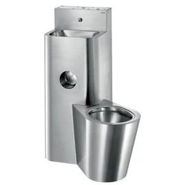 DELABIE kompakt fali börtön szaniter - blokkolásgátlós csappal szerelt vandálbiztos kézmosó, direkt öblítésű jobbos álló WC-vel, r.m. acél, 2 mm