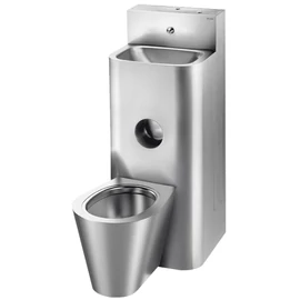 DELABIE kompakt fali börtön szaniter - blokkolásgátlós csappal szerelt vandálbiztos kézmosó, direkt öblítésű középső álló WC-vel, r.m. acél, 2 mm