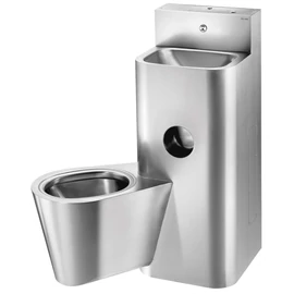 DELABIE kompakt fali börtön szaniter - blokkolásgátlós csappal szerelt vandálbiztos kézmosó, öblítőtartályos balos függő WC-vel, r.m. acél, 2 mm