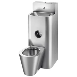 DELABIE kompakt fali börtön szaniter - blokkolásgátlós csappal szerelt vandálbiztos kézmosó, öblítőtartályos középső álló WC-vel, r.m. acél, 2 mm