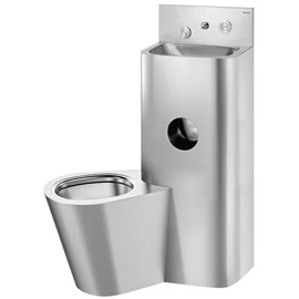 DELABIE kompakt szervizfolyosós börtön szaniter - blokkolásgátlós csappal szerelt vandálbiztos kézmosó, direkt öblítésű balos álló WC-vel, r.m. acél, 2 mm