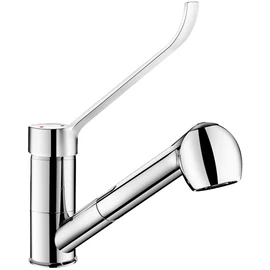 DELABIE SECURITHERM EP forrázásgátlós mosogató csaptelep nyomáskiegyenlítő keverő mechanizmussal, hosszú karral, lengő kifolyóval, kihúzható fejjel, álló, 7 liter/perc