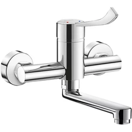 DELABIE fali csaptelep hosszú karral, L=150mm lengő kifolyó, SECURITOUCH hőszigetelt test, H-M vízre, BIOFIL szűrő kompatibilis, 5L/p, sima tárcsák