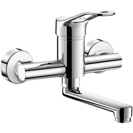 DELABIE fali csaptelep lyukas karral, L=150mm lengő kifolyó, SECURITOUCH hőszigetelt test, H-M vízre, BIOFIL szűrő kompatibilis, 5L/p, sima tárcsák