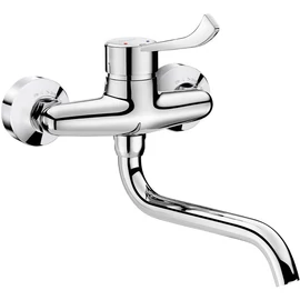 DELABIE fali mosogató csaptelep hosszú keverőkarral, lengő kifolyóval, L=200mm, STOP/CHECK takarótárcsákkal, ipari vízátfolyás, 26L/p