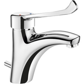 DELABIE orvosi karos álló csap 135mm fix kifolyóval, hosszú keverőkar L=150mm, H=85mm, 5L/p, leeresztőszeleppel