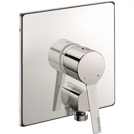 DELABIE beépített zuhanycsaptelep előlap teli keverőkarral, falon kívüli könyök vízkivezetéssel, hőmérséklet-határolóval, 160x160mm, r.m. acél, fényes, 9L/p, kit 2/2