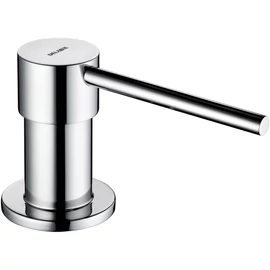 DELABIE mosdópultba süllyesztett, nyomógombos folyékonyszappan adagoló, 40mm vastag pultokig, 95mm kifolyó, 1.2m tömlővel kannás beadagoláshoz, r.m. acél, fényes