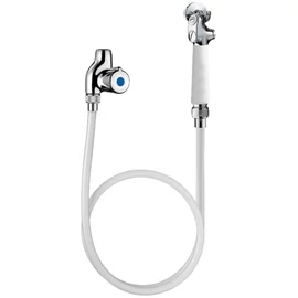 DELABIE ágytál mosó zuhanyszett elzárócsappal, nyomógombos öblítő zuhannyal, fali akasztókonzollal, 800 mm-es PVC tömlővel, kevert vízre