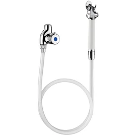 DELABIE sütőtisztító zuhanyszett elzárócsappal, nyomógombos öblítő zuhannyal, fali akasztókonzollal, 1250 mm-es PVC tömlővel, kevert vízre