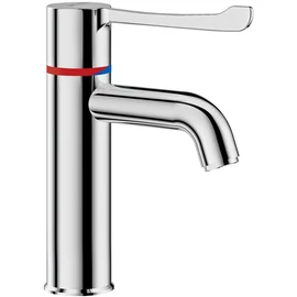 DELABIE SECURITHERM forrázásgátlós álló mosdócsap szekvenciális karral, ívelt kifolyó, H-M víz, H=95mm, elzárócsapok