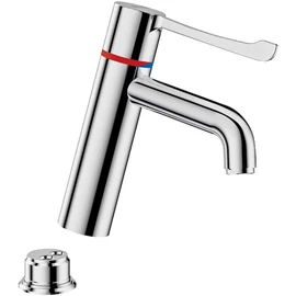 DELABIE SECURITHERM forrázásgátlós álló mosdócsap szekvenciális karral, BIOCLIP levehető test, ívelt kifolyó, H-M víz, H=95mm