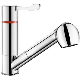 DELABIE SECURITHERM álló termosztatikus mosdócsaptelep szekvenciális hőfokszabályzó keverőkarral, kihúzható öblítőfejjel