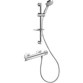 DELABIE SECURITHERM Dual Control falon kívüli termosztatikus zuhanyszett forrázásgátlós hőfok-állítóval és átfolyás-szabályzóval, 9L/p, kézizuhany, szappantartós zuhanyrúd, STOP/CHECK csatlakozók