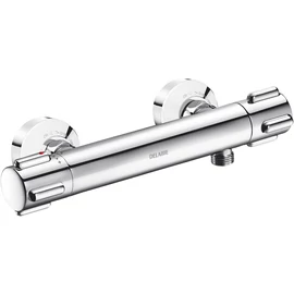 DELABIE SECURITHERM Dual Control falon kívüli termosztatikus zuhany csaptelep forrázásgátlós hőfok-állítóval és átfolyás-szabályzóval, 9L/p, STOP/CHECK csatlakozók