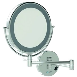 Szállodai kozmetikai pipere tükör LED fénnyel, 3x nagyítással, D=215mm dönthető tükörrel, kihajtható, kerek, krómozott sárgaréz