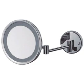 Szállodai kozmetikai pipere tükör LED fénnyel, 3x-os nagyítással, 250 mm átmérőjű dönthető tükörrel, kihajtható, kerek forma, sárgaréz, krómozott fényes borítással