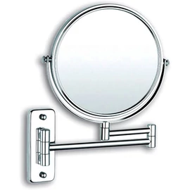Szállodai kozmetikai pipere tükör 3x-os nagyítással, 150 mm átmérőjű dönthető tükörrel, kihajtható, kerek forma, rozsdamentes acél test, sárgaréz keret krómozott fényes borítással