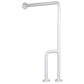 90°-os falra és padlóra rögzített kapaszkodó, fehér, csavartakaró gyűrűvel, jobbos
