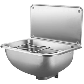 Rozsdamentes acél kiöntő, falikút ráccsal, hátlappal, leeresztőszeleppel, szifon nélkül, selyem matt