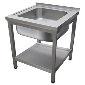 600mm 1 medencés nagykonyhai mosogató 500x600x300mm medencével, lábra állítva, polccal, r.m. acél