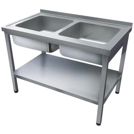 1000mm 2 medencés nagykonyhai mosogató 400x400x250mm medencékkel, lábra állítva, polccal, r.m. acél