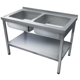 1000mm 2 medencés nagykonyhai mosogató 400x500x250mm medencékkel, lábra állítva, polccal, r.m. acél