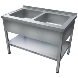 1200mm 2 medencés nagykonyhai mosogató 500x500x300mm medencékkel, lábra állítva, takaróköpennyel, polccal, r.m. acél