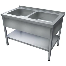 1200mm 2 medencés nagykonyhai mosogató 500x600x300mm medencékkel, lábra állítva, takaróköpennyel, polccal, r.m. acél
