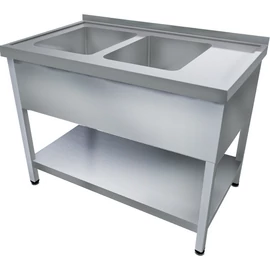 1600mm 2 medencés nagykonyhai mosogató jobb oldali csepegtetővel, 500x400x250mm medencékkel, lábra állítva, takaróköpennyel, polccal, r.m. acél