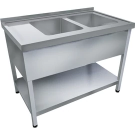 1600mm 2 medencés nagykonyhai mosogató bal oldali csepegtetővel, 500x400x250mm medencékkel, lábra állítva, takaróköpennyel, polccal, r.m. acél