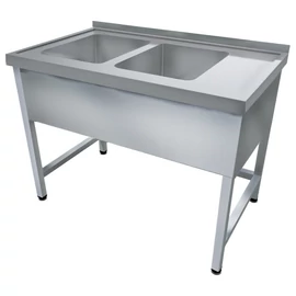 1600mm 2 medencés nagykonyhai mosogató jobb oldali csepegtetővel, 500x500x300mm medencékkel, lábra állítva, takaróköpennyel, r.m. acél