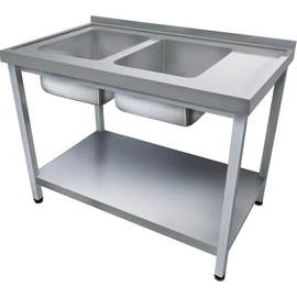 1600mm 2 medencés nagykonyhai mosogató jobb oldali csepegtetővel, 500x500x300mm medencékkel, lábra állítva, polccal, r.m. acél