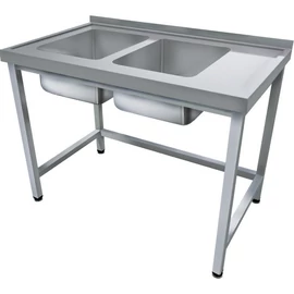 1600mm 2 medencés nagykonyhai mosogató jobb oldali csepegtetővel, 500x500x300mm medencékkel, lábra állítva, r.m. acél