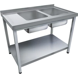 1600mm 2 medencés nagykonyhai mosogató bal oldali csepegtetővel, 500x500x300mm medencékkel, lábra állítva, polccal, r.m. acél