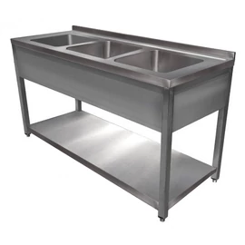1400mm 3 medencés nagykonyhai mosogató 400x400x250mm medencékkel, lábra állítva, takaróköpennyel, polccal, r.m. acél