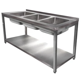 1400mm 3 medencés nagykonyhai mosogató 400x500x250mm medencékkel, lábra állítva, polccal, r.m. acél
