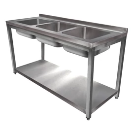 1800mm 3 medencés nagykonyhai mosogató 500x500x300mm medencékkel, lábra állítva, polccal, r.m. acél